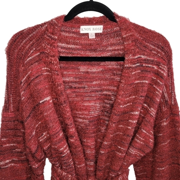 Knox Rose Fuzzy Eyelash Belted Relaxed Fit Cardigan Sweater Women's Size L Red - Picture 3 of 10